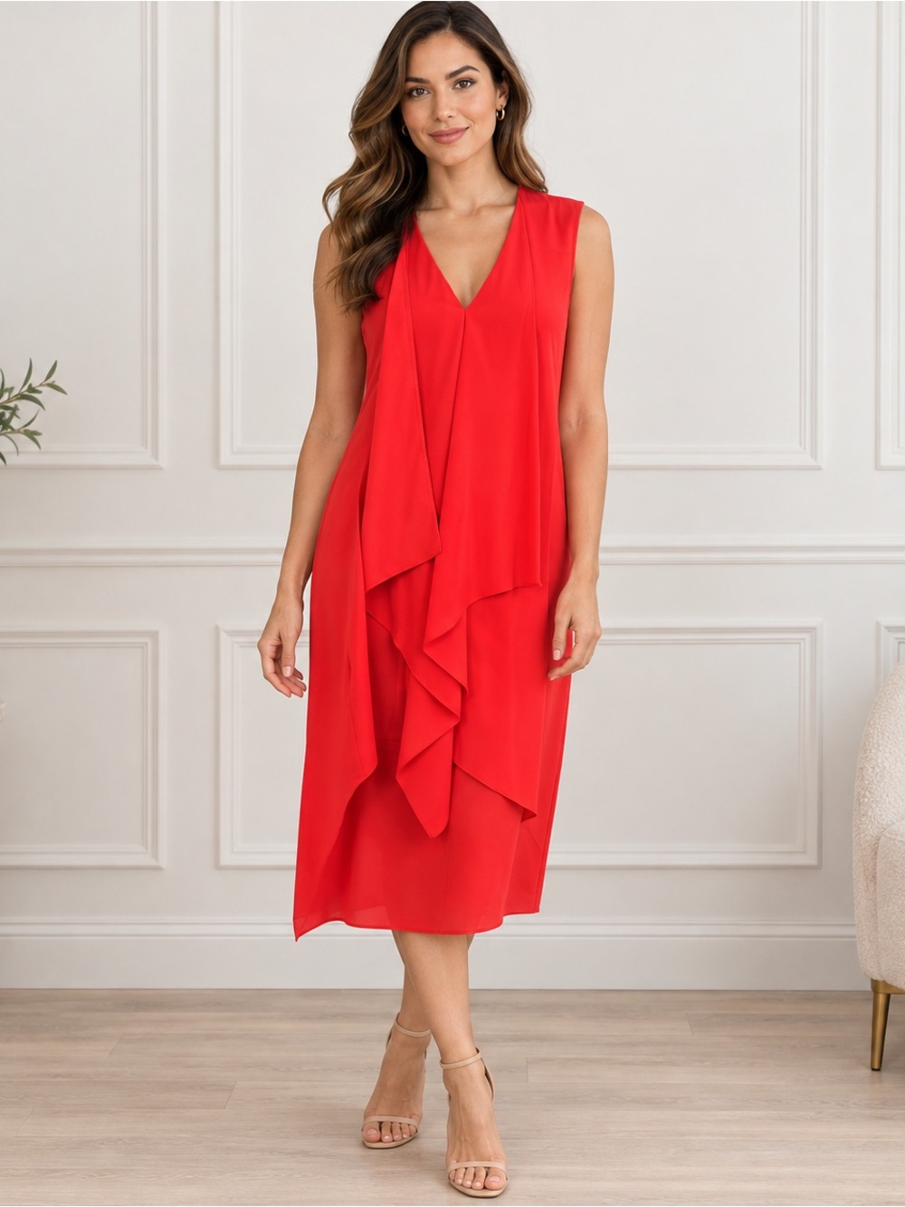BCBGMAXAZRIA Red Draped Front Midi Dress Sleeveless V Neck Size L